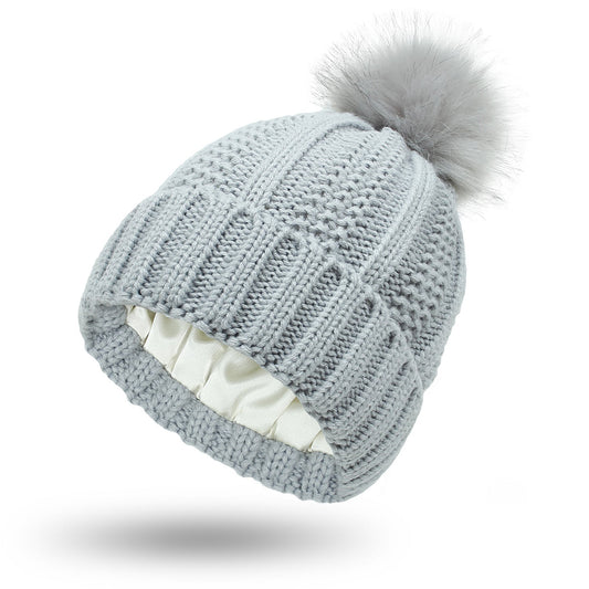 Women’s Winter Knitted Beanie Hat with Faux Fur Pom Pom & Satin Lining