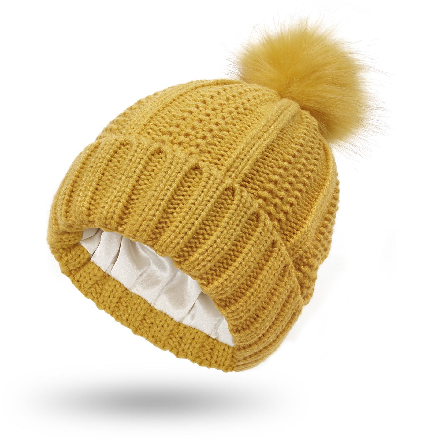 Women’s Winter Knitted Beanie Hat with Faux Fur Pom Pom & Satin Lining