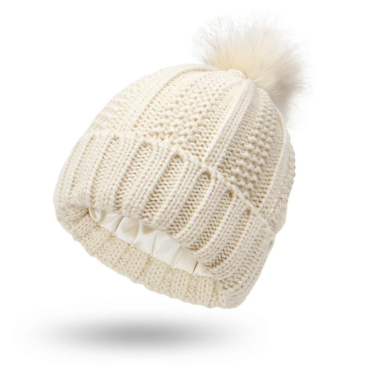 Women’s Winter Knitted Beanie Hat with Faux Fur Pom Pom & Satin Lining