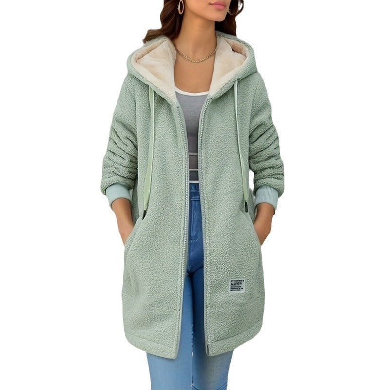 Winter Fleece Hooded Jacket Fashion Casual Zip-up Pockets Long Sweater