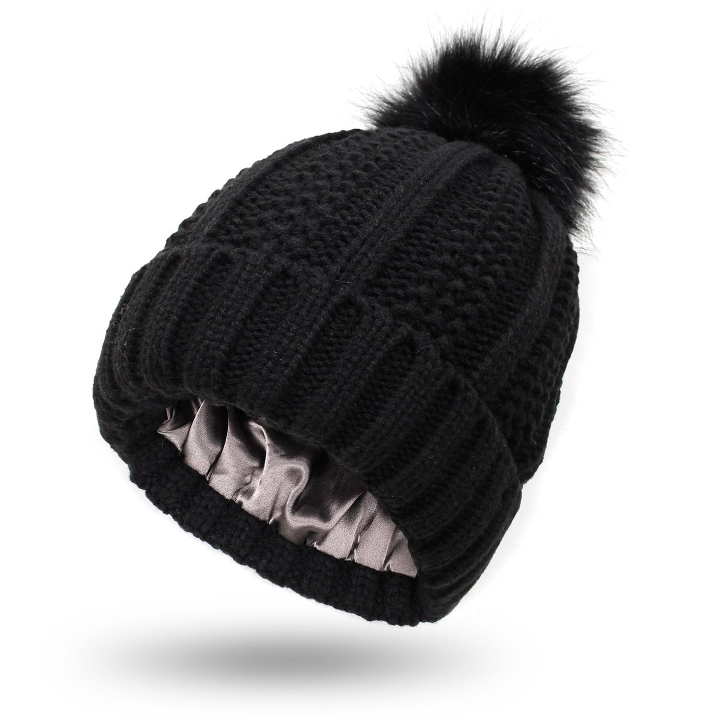 Women’s Winter Knitted Beanie Hat with Faux Fur Pom Pom & Satin Lining