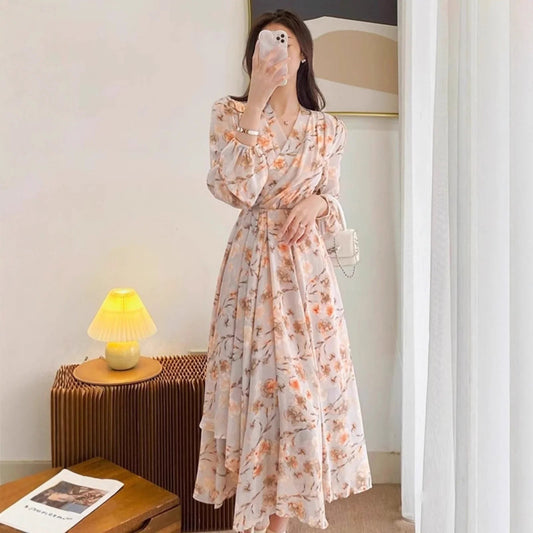 Temperament Long Sleeve V-neck French Chiffon Floral Dress - The Velcrow