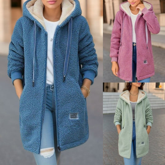 Winter Fleece Hooded Jacket Fashion Casual Zip-up Pockets Long Sweater
